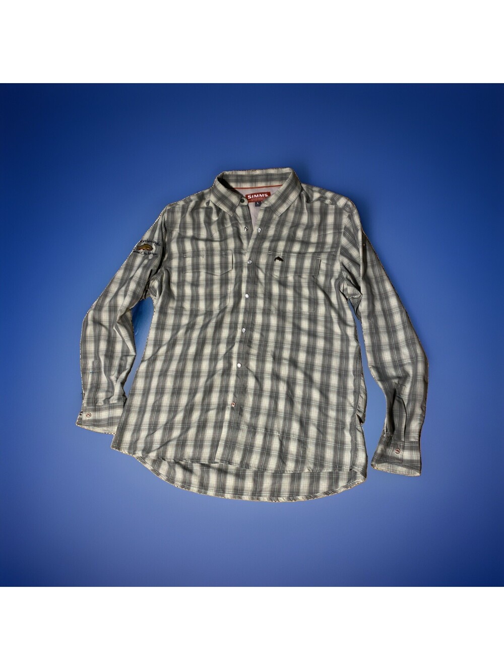 Simms Fishing Shirt Mens L Button Up Pearl Snap Lightweight Mesh MI Trout